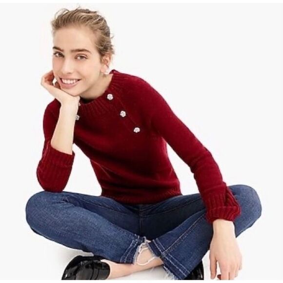 J. Crew Crewneck Sweater with Jeweled Buttons in Heather Burgundy Women’s Sz XS - Picture 1 of 13